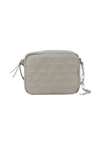 Lys grå læder crossbody taske med prægede mønstre, lynlåslukning og kædestrop i sølvfarve. Har to lynlåspull-tabs.