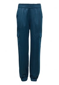 Pantaloni cargo de culoare teal, cu talie elastică, două buzunare laterale și tivuri manșonate. Material neted și lucios, cu o croială lejeră.
