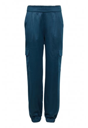 Teal cargo broek met een elastische tailleband, twee zijzakken en opgerolde zoom. Glad, glanzend materiaal met een comfortabele pasvorm.