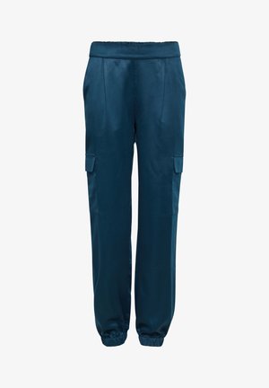 Teal cargo broek met een elastische tailleband, twee zijzakken en opgerolde zoom. Glad, glanzend materiaal met een comfortabele pasvorm.