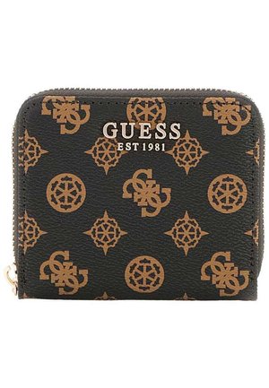 Portafoglio in pelle nera con hardware dorato. Presenta un motivo logo su tutta la superficie in marrone. Chiusura con zip e forma rettangolare compatta.