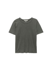 Mørkegrøn kortærmet t-shirt lavet af blødt bomuld. Har en rund halsudskæring og en afslappet pasform uden synlige mønstre eller accenter.