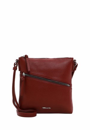 Red leather crossbody bag with a textured finish, featuring a zippered front pocket and an adjustable strap for convenience.