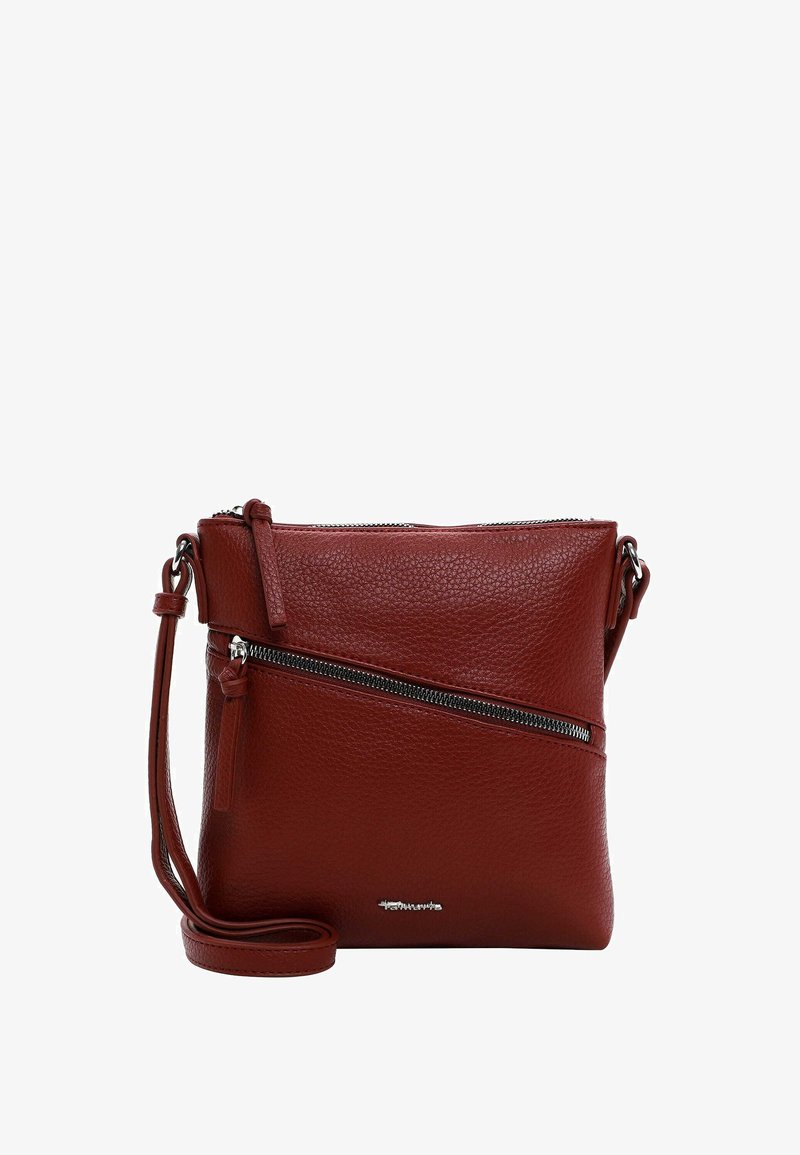 Rode leren schoudertas met een gestructureerde afwerking, voorzien van een ritsvak aan de voorkant en een verstelbare schouderband voor gemak.