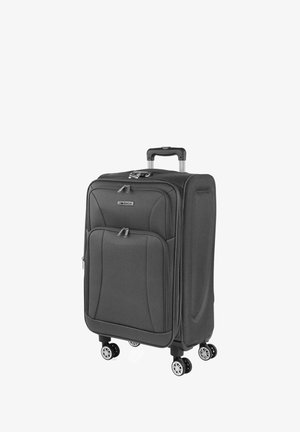 Maleta rígida negra con asa retráctil, compartimentos con cremallera, cuatro ruedas y acabado texturizado para mayor durabilidad.