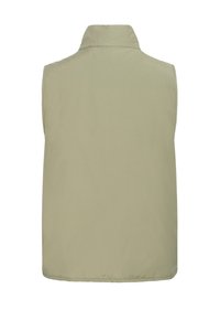 Khakifarbene Weste, ärmellos mit hohem Kragen, gefertigt aus glattem Stoff. Verfügt über einen geraden Saum und keine sichtbaren Beschläge oder Muster.