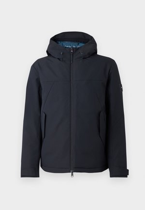 Schwarze wasserdichte Jacke mit Kapuze, Reißverschluss, Seitentaschen und einer glatten Textur mit dezenten Details auf den Schultern.