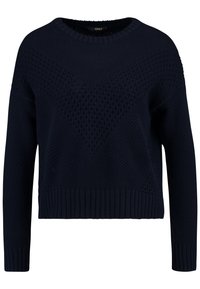 Granatowy sweter dzianinowy z teksturowanym wzorem w literę V z przodu, ściągacze na mankietach, u dołu oraz okrągły dekolt.
