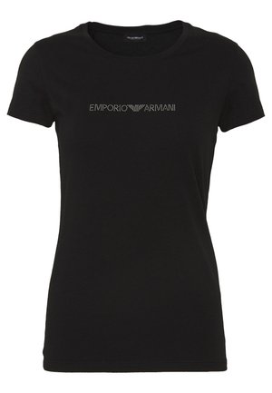 Black cotton t-shirt with short sleeves and a crew neckline. Features a crystal-studded "EMPORIO ARMANI" logo across the chest.