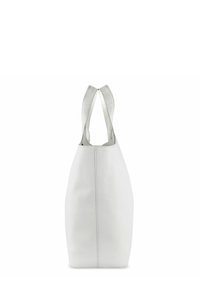 Borsa tote in pelle bianca con superficie texturizzata, dotata di due manici robusti e una forma affusolata e elegante, ideale per l'uso quotidiano.