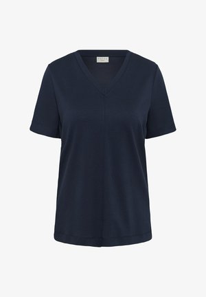 Marineblå T-shirt med korte ærmer og V-hals, med en central sømdetalje og en "Kaffe Curve" label inde i halsen.