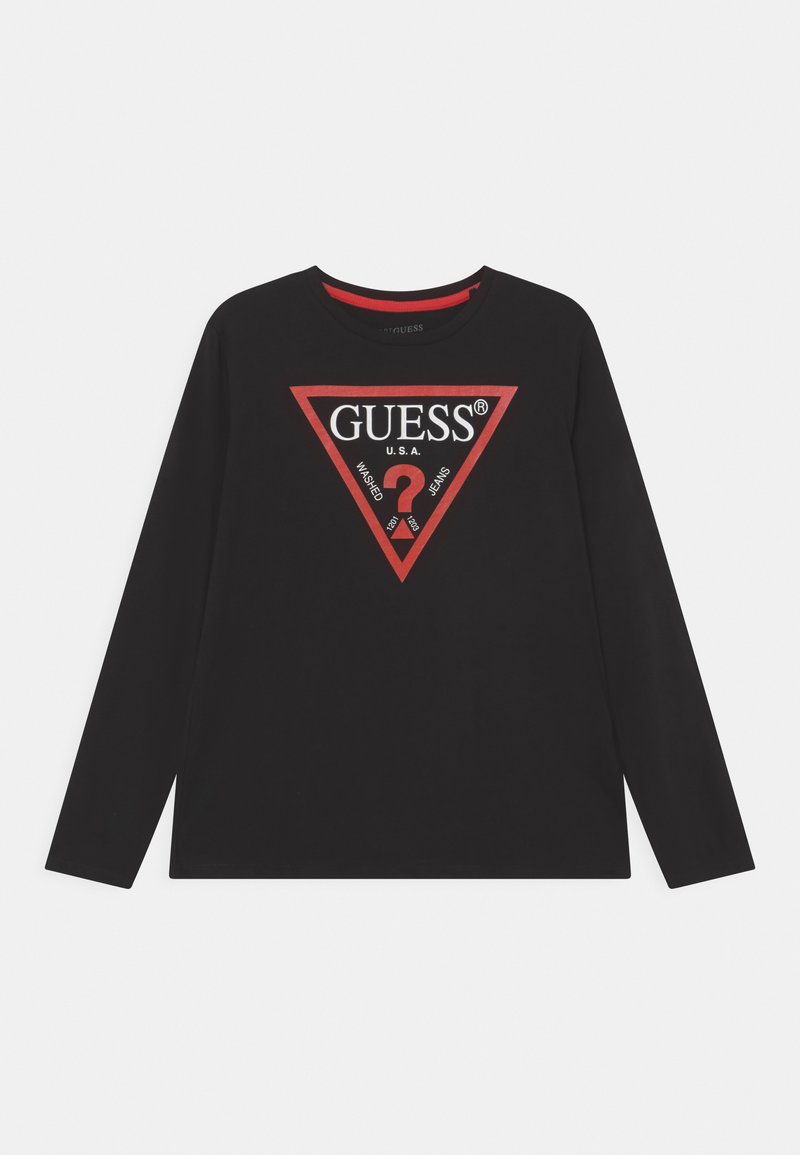 Black long-sleeve t-shirt made of cotton featuring a large red triangular logo with the text "GUESS U.S.A." in the center.