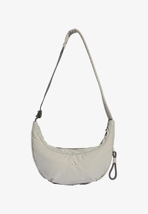 Borsa a tracolla grigia imbottita con forma curva, dotata di un'unica tracolla regolabile e un dettaglio con zip su un lato. Include un accento del logo.