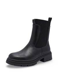 Bottines noires avec une finition en cuir lisse, panneaux latéraux élastiques et une semelle en caoutchouc épaisse. Comprend des languettes pour un enfilage facile.