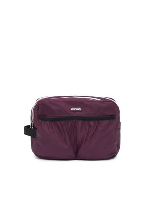 Bustina compatta in nylon viola con tasca frontale con zip, logo K-Way e maniglia laterale su sfondo bianco.