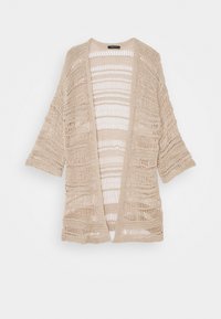 Beige open-front cardigan met een losse, gebreide structuur en verschillende textuurpatronen. Heeft brede mouwen en een lichtgewicht, ademende stof.