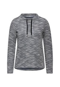 Gemusterter Pullover in Grautönen mit Zickzackdesign. Verfügt über einen runden Ausschnitt und schwarze Kordeln mit silbernen Metallspitzen. Weiche Textur.