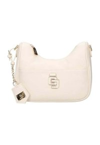 Borsa a spalla in pelle crema con tracolla in catena dorata, tasca frontale e emblema in metallo su superficie liscia.