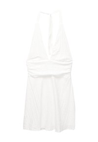 Weißes Halfterkleid aus strukturiertem Stoff mit tiefem V-Ausschnitt und verstellbarem Bindeband im Rücken. Ausgestellt geschnitten.