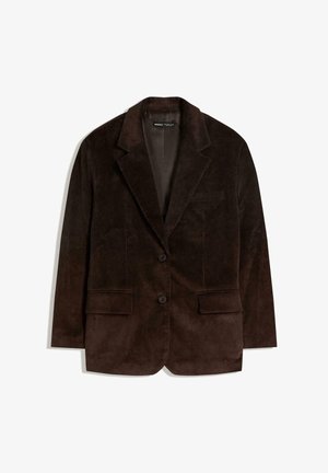 Brown corduroy blazer with a notched lapel, two front pockets, and two buttons. Textured fabric with vertical ridges.