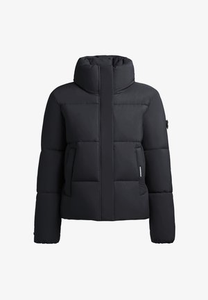 Doudoune noire avec un col haut, un design matelassé, deux poches latérales et une fermeture éclair à l'avant. Fini doux, mate et tissu robuste.