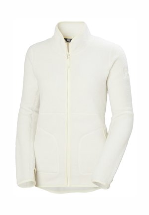Weißer Fleece-Jacke mit hohem Kragen, durchgehendem Reißverschluss und zwei seitlichen Taschen. Weiche Textur und kontrastierender Besatz entlang der Reißverschlüsse und Taschenkanten.