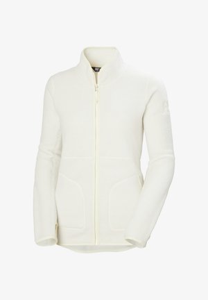 Biała polarowa kurtka z wysokim kołnierzem, pełnym zamkiem błyskawicznym z przodu oraz dwiema bocznymi kieszeniami. Miękka tekstura i kontrastowe wykończenie wzdłuż zamków i krawędzi kieszeni.