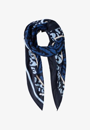 Sciarpa blu navy realizzata in tessuto leggero, caratterizzata da un sorprendente motivo leopardato blu con accenti beige, progettata in forma rettangolare.