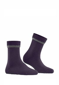 Calze viola con un design a coste testurizzato e polsino grigio. Presentano una suola antiscivolo con punti per una migliore aderenza.