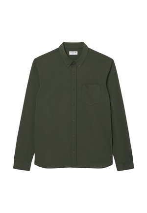 Camicia a maniche lunghe verde oliva con bottoni, in misto cotone, dotata di colletto a punta, taschino sul petto e logo impresso sulla tasca.