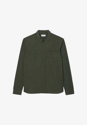 Camicia a maniche lunghe verde oliva con bottoni, in misto cotone, dotata di colletto a punta, taschino sul petto e logo impresso sulla tasca.