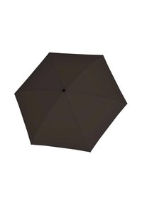 Dark brown umbrella with an octagonal canopy, smooth fabric texture, and a central black hub. No patterns or accents visible.