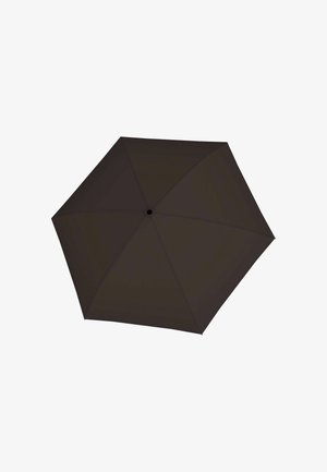 Dark brown umbrella with an octagonal canopy, smooth fabric texture, and a central black hub. No patterns or accents visible.