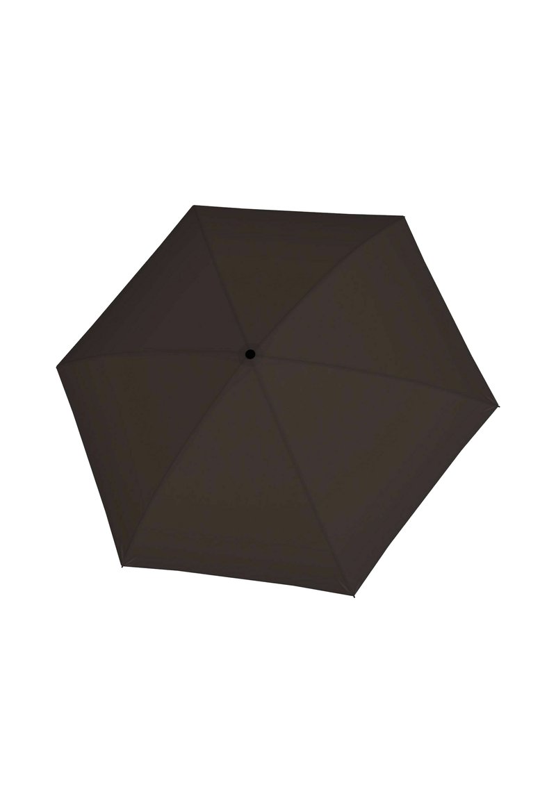 Dark brown umbrella with an octagonal canopy, smooth fabric texture, and a central black hub. No patterns or accents visible.