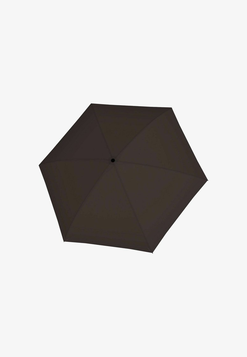 Dark brown umbrella with an octagonal canopy, smooth fabric texture, and a central black hub. No patterns or accents visible.