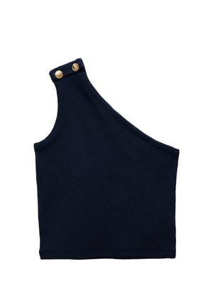 Top a coste blu navy con design a spalla unica, caratterizzato da due bottoni dorati sul collo. Tessuto liscio, forma aderente.