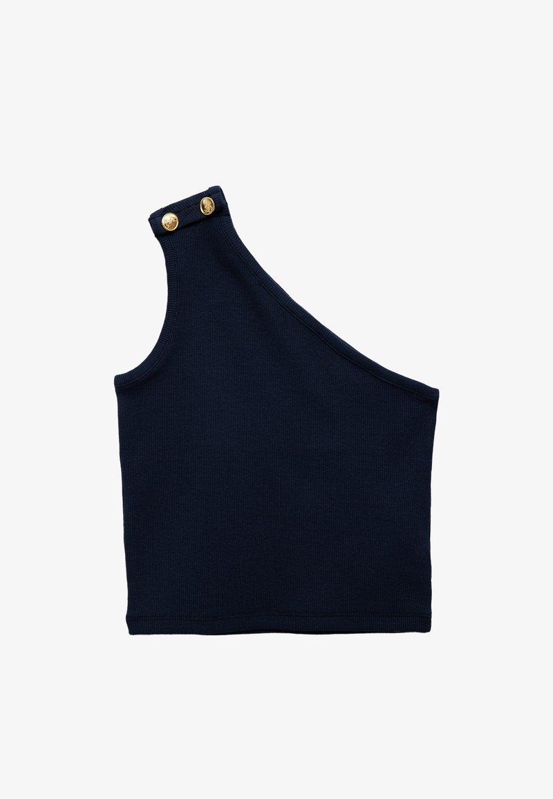 Navyblauw ribbeltop met één schouderontwerp, voorzien van twee gouden knopen bij de halslijn. Soepele textuur, aangesloten pasvorm.