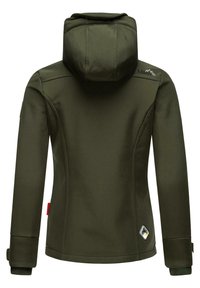 Olive green jacket with a hood, fitted design, quilted details on the back, and a reflective logo on the shoulder. Features snug cuffs.