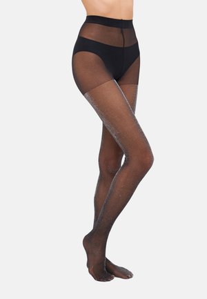 Črne visoko pasne legice z prosojno teksturo in bleščicami na spodnjem delu noge, gladka tkanina in prilegajoč dizajn.