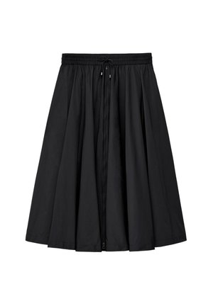 Black knee-length skirt made of lightweight fabric. Features an elastic waistband and a front zipper. Flared design with a smooth texture.