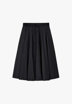 Black knee-length skirt made of lightweight fabric. Features an elastic waistband and a front zipper. Flared design with a smooth texture.