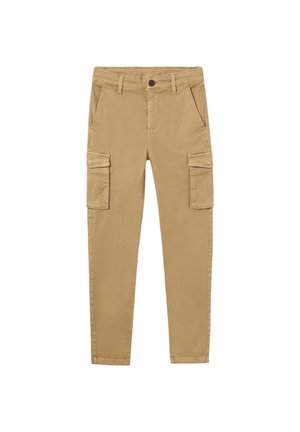 Pantaloni cargo khaki con vestibilità slim, dotati di due tasche laterali e due tasche sulle cosce; realizzati in un tessuto di cotone leggero con una texture liscia.