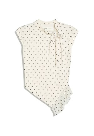 Weisse Kurzarmbluse mit grauen Polka-Dots, einer Halsbandschleife rechts und einem asymmetrischen Volant-Saum auf der linken Seite.