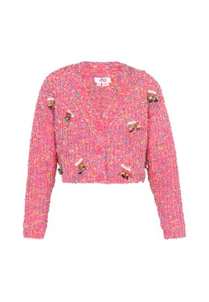 Rosa kort cardigan med et struktureret strikmønster, prydet med farverige knapper og dekorative detaljer. Lange ærmer og en dyb V-hals design.