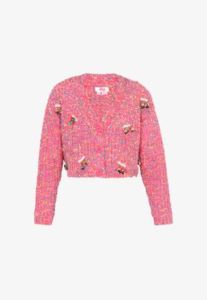 Roosa lühikeste varrukatega kardigan, millel on tekstuuriga kudumismuster, värvilised nupud ja dekoratiivsed detailid. Pika varrukaga ja sügava V-kaelusega disain.