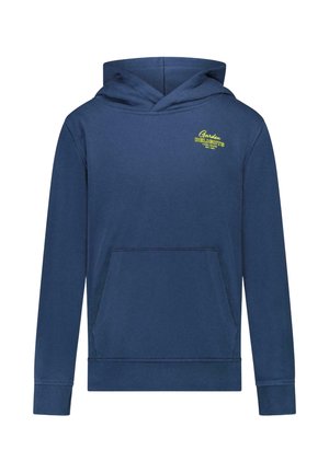 Marineblauwe hoodie gemaakt van zachte stof, met een voorvak in kangaroestijl, geribbelde manchetten en een klein geel logo op de linkerborst.