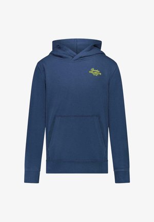 Marineblauwe hoodie gemaakt van zachte stof, met een voorvak in kangaroestijl, geribbelde manchetten en een klein geel logo op de linkerborst.