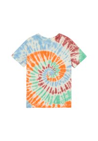 Koszulka z krótkim rękawem z wzorem tie-dye w odcieniach pomarańczowego, niebieskiego, zielonego i bordowego, z wirującym wzorem na beżowym tle.