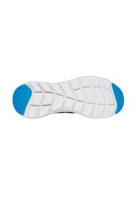 Suela de sneaker negra con goma blanca y acentos azules. Presenta una superficie texturizada con patrones en forma de cuadrícula para tracción y soporte.