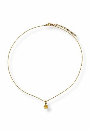 Delicate gold chain necklace with a small four-leaf clover charm and an adjustable clasp closure.